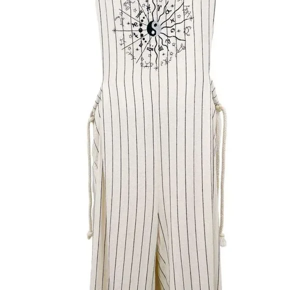 DANNIJO Wide Leg Embroidered Yin Yang Zodiac Cropped Cotton Overalls Jumpsuit - Picture 7 of 14